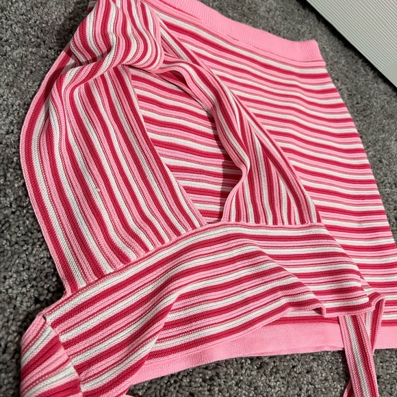 Women 2 Piece Y2K Knitted Halter V-neck Crop Top + Bodycon Stripe Skirt Set - Picture 2 of 2